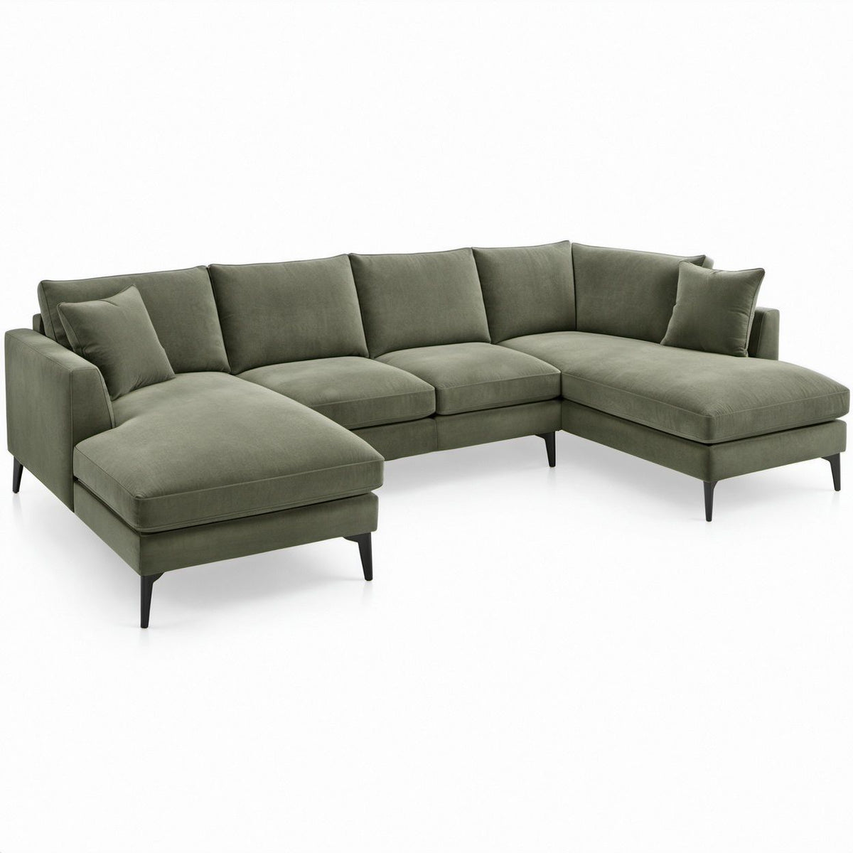 U-förmiges Samtsofa in Olivgrün mit schwarzen Stahlfüßen, 330 x 165 x 85 cm