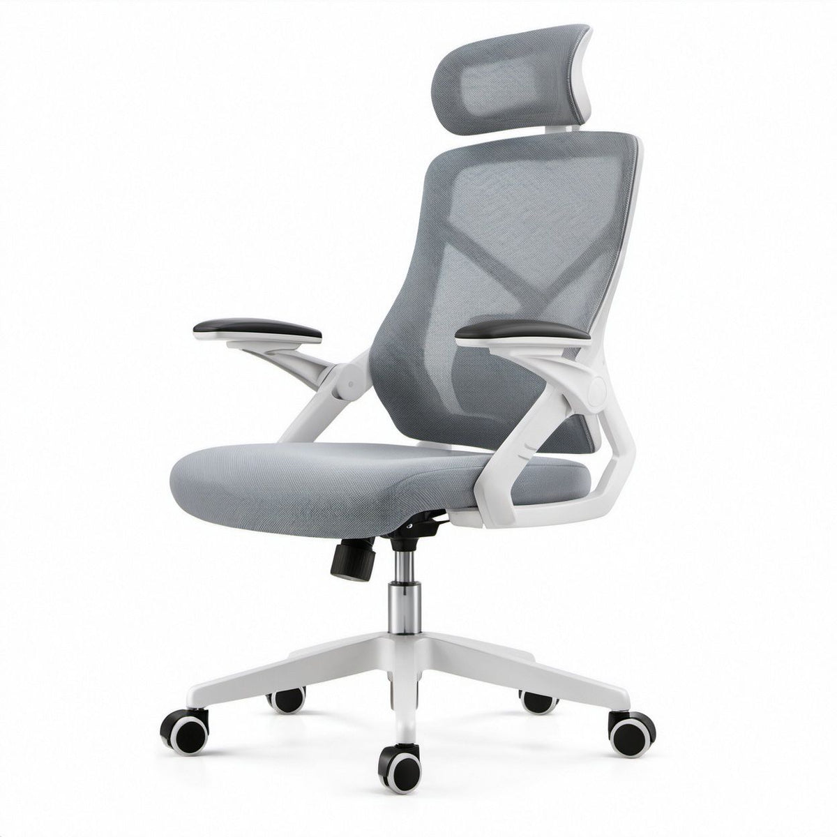 Ergonomischer Bürostuhl mit Kopfstütze, Grau/Weiß/Schwarz, 65 x 65 x 117–127 cm