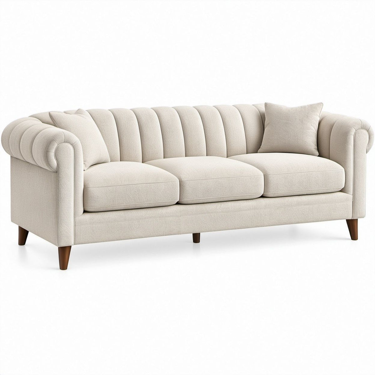 3-Sitzer-Sofa in Creme mit braunen Massivholzbeinen, 220 x 95 x 85 cm