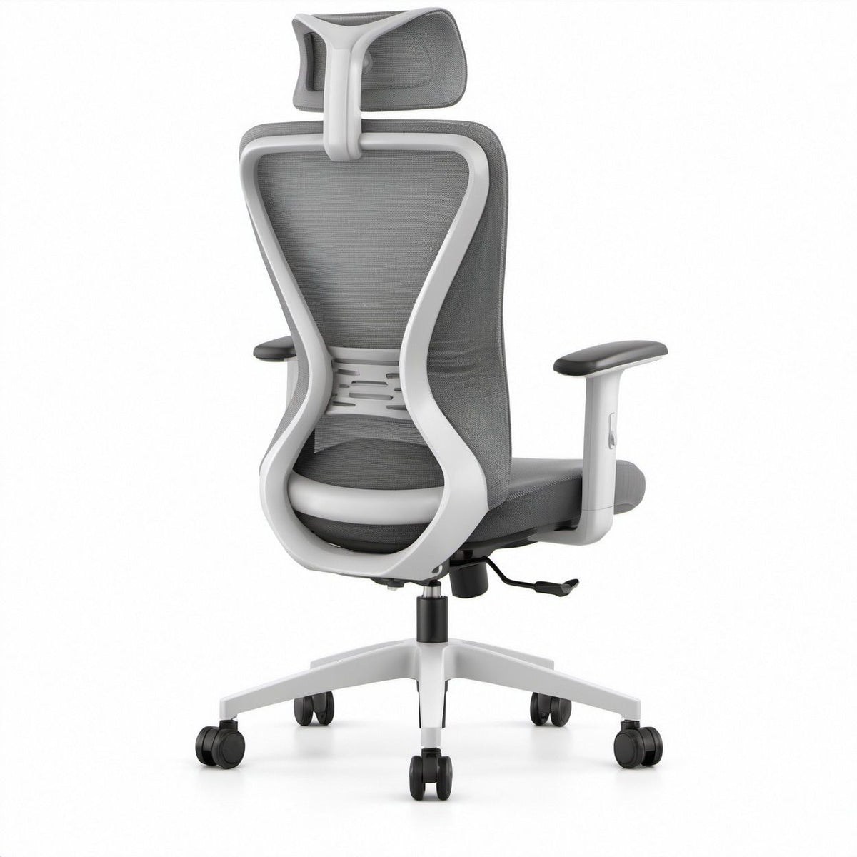 Ergonomischer Drehstuhl mit Netzrückenlehne und Kopfstütze, Grau/Weiß/Schwarz, 64 x 65 x 118–128 cm