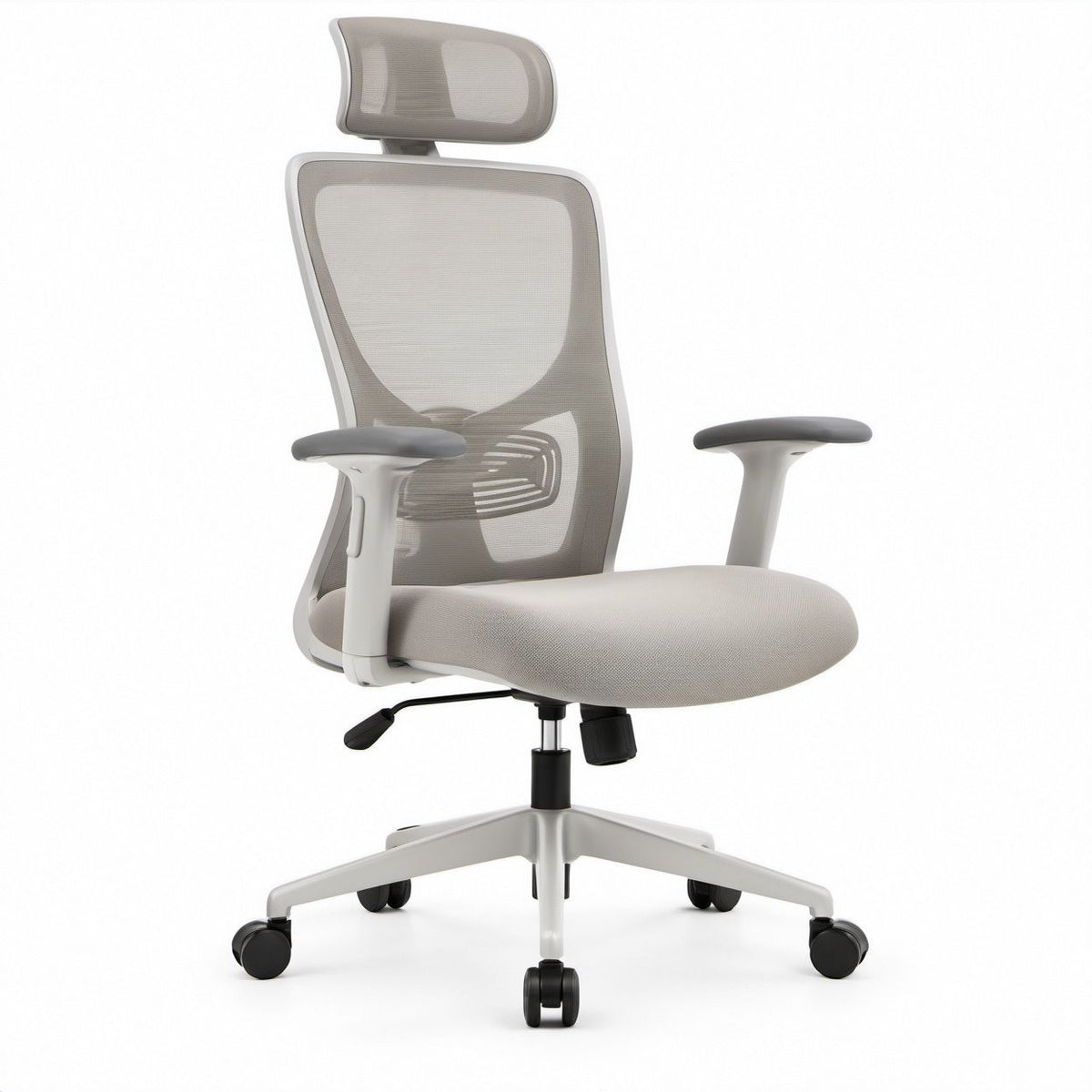Ergonomischer Bürostuhl mit Kopfstütze, Netzrücken und Lordosenstütze, Grau/Silber/Schwarz, 66 x 66 x 118–128 cm