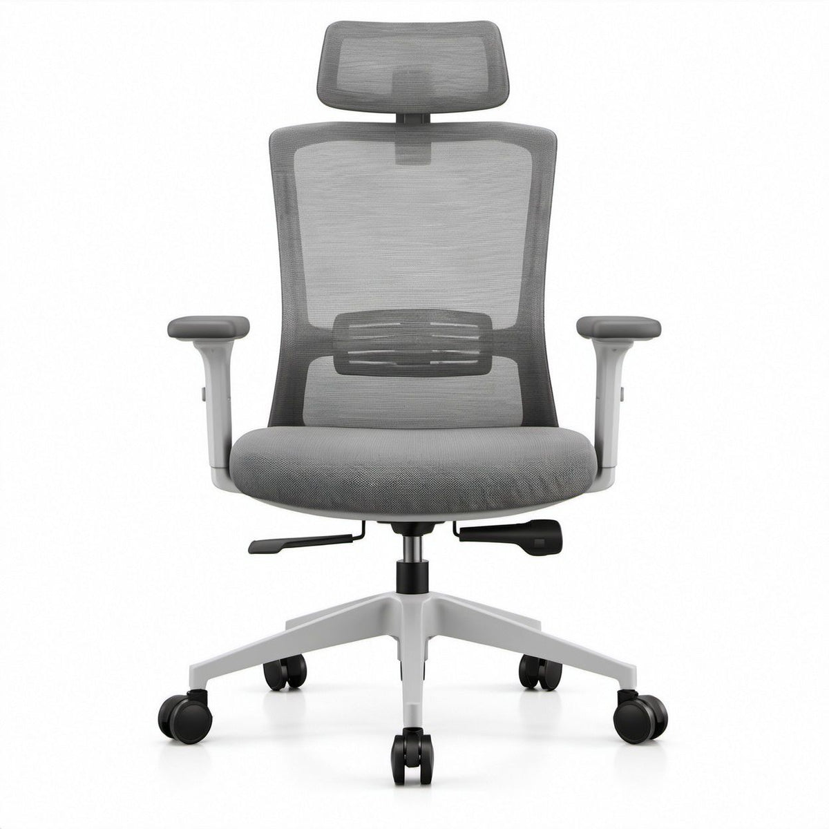Ergonomischer Drehstuhl mit Kopfstütze, Netzrücken und Lendenstütze, Grau/Weiß/Schwarz, 65 x 65 x 116–126 cm
