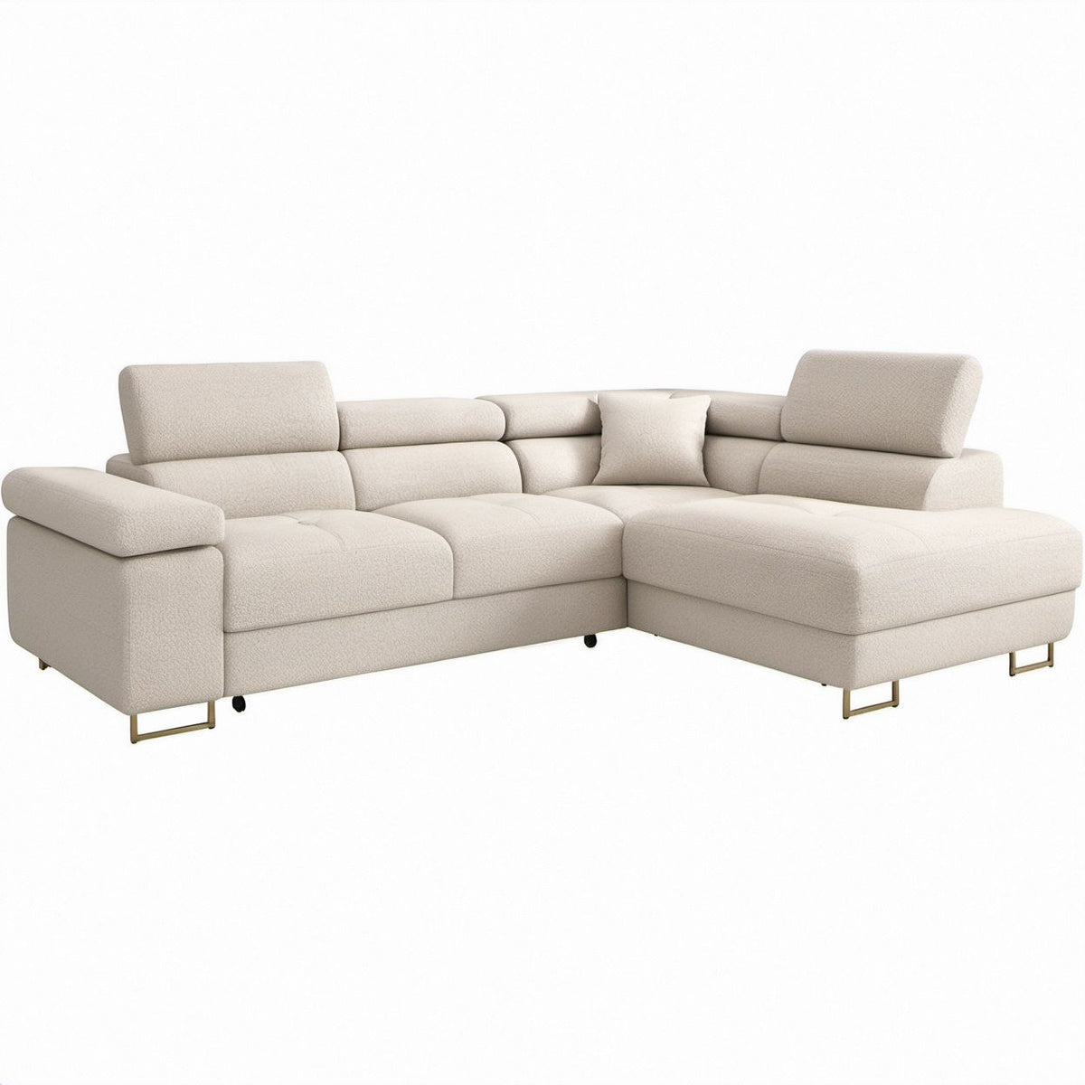 Ecksofa mit rechter Recamiere, verstellbaren Kopfstützen, Beige/Goldfarben, 290 x 170 x 85–103 cm