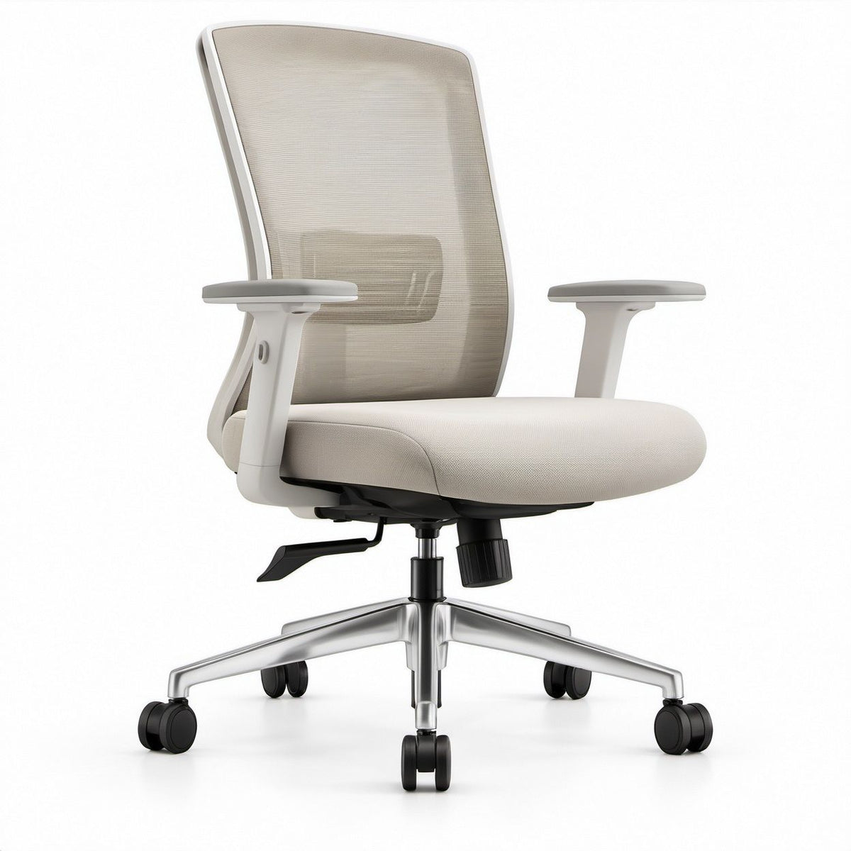 Ergonomischer Bürodrehstuhl mit Netzrücken und Armlehnen, Beige/Weiß/Silber/Schwarz, 66 x 66 x 98–108 cm