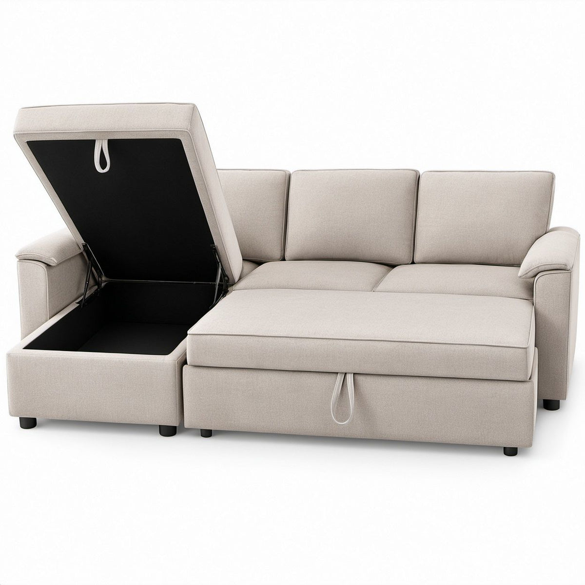 Beiges Schlafsofa in L-Form mit Bettkasten und Ausziehfunktion, 230 x 145 x 86 cm