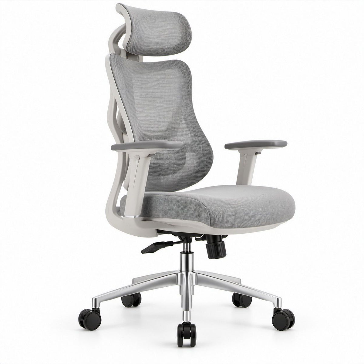 Ergonomischer Bürostuhl mit Kopfstütze, Netzrückenlehne und Armlehnen, Grau/Hellgrau/Silber/Schwarz, 66 x 66 x 116–126 cm